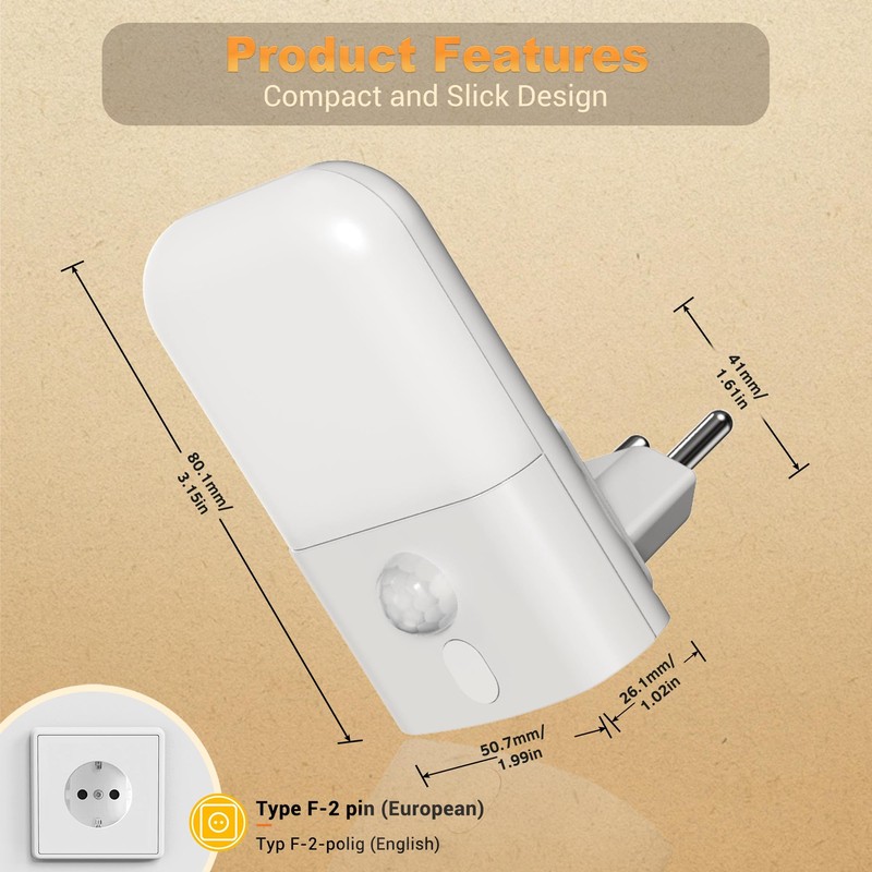 Pack of 2 Night Light Socket with Motion Sensor, 5