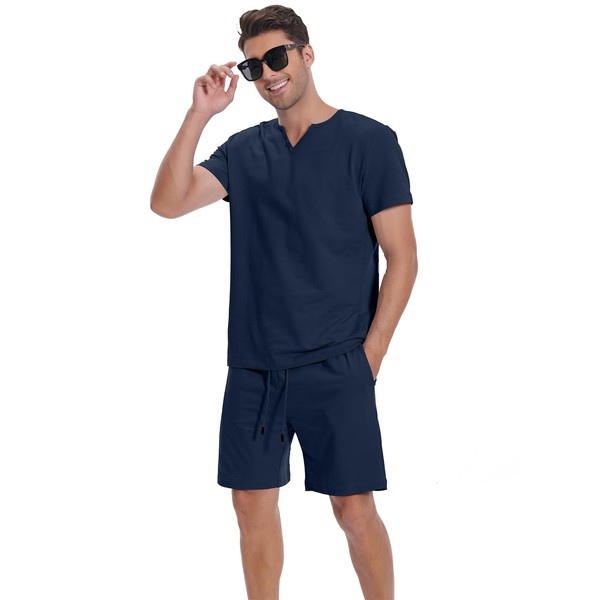 HANXMEN - Conjunto de pantalones cortos para hombre, de 2 piezas, de moda, de verano, casual, manga corta, estilo Henley y pantalones de yoga para la playa, azul, azul marino, (#1 Navy Blue), Medium