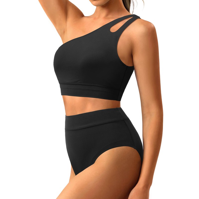 Two Piece High Waisted Swimsuits for Women - One Shoulder