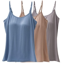 Women's Cami with Built-in Bra Adjustable Strap, Sleeveless Shirt Casual Tank Top Camisole Padded Tanks for Yoga Dark Grey/Wheat/Blue XXL