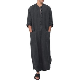 Men's Kaftan Round Neck Long Sleeve Kaftan Men Muslim Robes Abaya Dubai Arabic Islamic Prayer Clothing Ethnic Robes Long Sleeves Plain Kaftan Indian Islam Traditional Costumes, gray