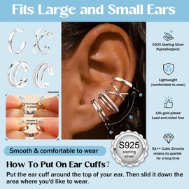 JeryWe 4 Pcs 925 Sterling Silver Ear Cuff for Women Non Piercing Adjustable Ear Cuff Earrings Clip On Cartilage Helix Wrap Ear Jewelry Set Sliver