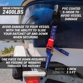 Heavy Duty Ratchet Boat Straps (Pack of 2) - 2,400lbs Break - 1" x 2.5' UV Treated Transom Tie Down Straps for Boat & Jet Ski
