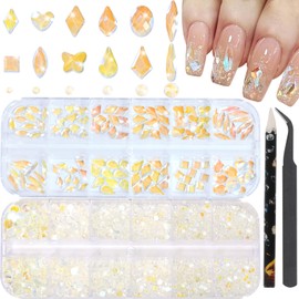 DZHILHMX Nail Rhinestones - 3D Multi Shape Size, Flat Back, Manicure Rhinestones Charms, Crystal Aurora Gems, with Kit, for Nail Art, Bedazzling Acrylic Nails, DIY Decor