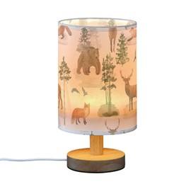 YYZZH Table Lamp Watercolor Animal Forest Tree Deer Fox Bear Nightstand Lamp with Wood Base Fabric Lamp Shade Bedside Desk Lamp for Living Room Bedroom Kids Room Office