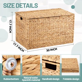 Wonderjune 30 x 17.5 x 17.5 Inch Water Hyacinth Wicker Storage Trunk with Metal Frame, Heavy Duty Storage Chest with Lid Large Rattan Basket for Blankets, Seasonal Clothes, Extra Bedding (Natural)