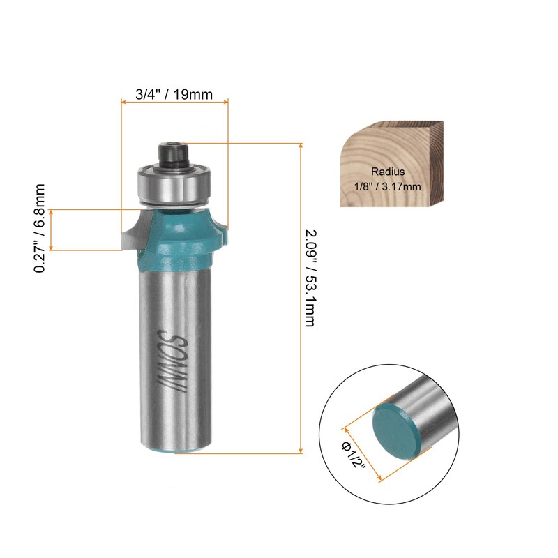 sourcing map Roundover Router Bit 1/2 Shank 1/8" Radius Carbide