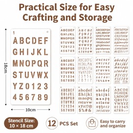 12 PCS Plastic Letter and Number Stencils, Reusable Alphabet Drawing Template Set, Washable Flexible Translucent Craft Stencils for Painting, Journaling, DIY, Scrapbooking and Card Making