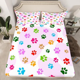 Homewish - Juego de sábanas ajustadas de patas coloridas tamaño queen, juego de sábanas coloridas para patas de perro, funda de cama de animales encantadores, colcha ultra suave y transpirable, 3