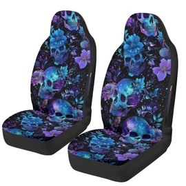 STUOARTE Skull Flower Print 2 Piece Car Seat Cover for Front Seat, Waterproof Car Front Seat Cover for Women Men, Airbag Compatible Auto Seat Protector, Universal Fit for Most Cars Truck SUV Sedan