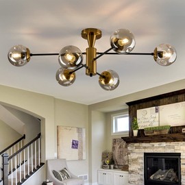 hesoge Modern Semi Flush Mount Ceiling Light Fixture 6-Light Sputnik Gold Chandelier with Glass Globe Mid Century Ceiling Lighting for Dinning Room Farmhouse Kitchen Bedroom Living Room