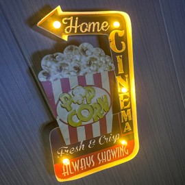 Metal Popcorn Light Sign Vintage Style Wall Decoration Industrial Marquee Embossed Tin wall Decor for Convenience store, Service Station, Bar or Cinema Wall Hanging Sign–Battery Operated (B)