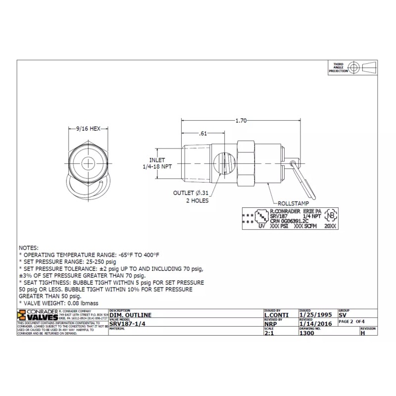 Conrader 80 PSI BRASS SAFETY PRESSURE RELIEF POP OFF VALVE,