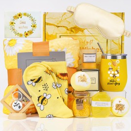 Bee Birthday Gifts for Women - Bee Lover Gift for Happy Bee Day Her Relaxing Spa Box, Inspirational Blanket Tumbler Bath Bomb Sentend Candle Yellow Present for Mom Friends Sister Best Friend Wife