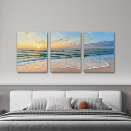Daktenn 3 Piece Canvas Wall Art for Living Room Ocean Wall Art Beach Pictures Wall Arts for Bedroom Sunset Landscape Painting Coastal Wall Decor Sea Pictures Canvas Prints Wall Art Ready to Hang 18"x24"x3 Panels