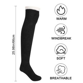 QKURT 2 Pairs Thigh Stockings, Coral Fleece Over Knee Stockings, Winter Leg Warmers, Fluffy Soft Thermal Knee Socks for Women Girls, Black, khaki