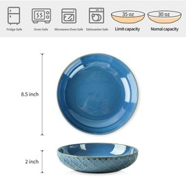 Sureasy Ceramic Pasta Bowls, 30oz Large Salad Bowl, 8.5 inch Embossed Serving Bowl for Kitchen, Wide and Shallow Plates Bowls Set of 4, Microwave, Oven and Dishwasher Safe, Gifts, Blue