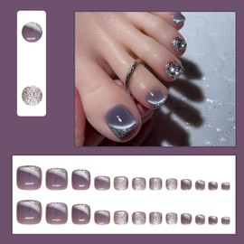 RIICFDD Lilac Press on Toenails Square Short Toenail Press ons Light Purple Glitter Fake Toe Nails Silver Sparkly Toenail Press ons Full Cover Glossy Acrylic Nails for Women Toe Nail Art Decor 24 Pcs