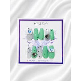 Mint Angel Heart Handmade Nail Tips - Long Ballerina / 민트 엔젤 하트 수제 네일팁 - 롱 발레리나