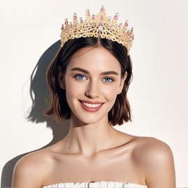 FIRCRE Tiaras and Crowns for Women Crystal Princess Tiaras Rhinestone Queen Crowns For Wedding Bridal Birthday Prom Pageant Party (Tiara 100) (Gold Pink)
