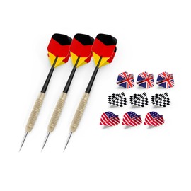 Stagecaptain Steel Dart Set for Sisal, Paper and Cork Dartboards - Set of 3 Darts and 12 Flights in Classic Designs such as Germany, UK, USA, Checkered Flag