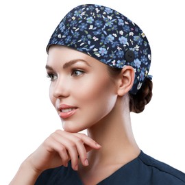QBA Adjustable Working Cap with Button, Satin Lined Scrub Hat, Cotton Working Hat Sweatband, Elastic Bandage Tie Back Hats for Women & Men, One Size, #Satin-Lined Blossom Ocean