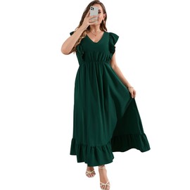 KOJOOIN Women's Plus Size Summer Dress with Pocket Ruffle Cap Sleeveless V Neck Side Split Long Beach Maxi Dress Dark Green 3XL