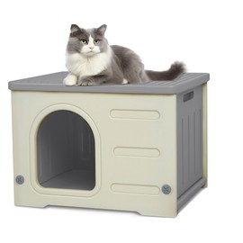Plastic Cat House Outdoor & Indoor, Feral Cat Houses Waterproof Outdoor Cat House for Feral Cats, Outside Cat Shelter for Small Pet, Assemble and Clean Easily-Grey
