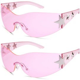 Haqptul Rimless Y2K Sunglasses Star Wrap Around Glasses 2000S Accessories for Women Men Trendy Fashion Cool Shield Shades (Pink/Pink, Pink/Pink)