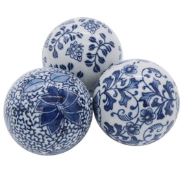 Kesywale Set of 3 Blue & White Porcelain Orbs Decorative Balls Ceramic Spheres for Centerpiece Bowl, Tray or Basket Decor 3 Inch Diameter (A)