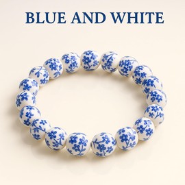 Agemoss Porcelain Beads Bracelet, Blue and White Floral Design, Vintage Style Ceramic (青花)