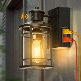 Outdoor Wall Light Fixtures, Dusk to Dawn Motion Sensor Outdoor Porch Light with GFCI Outlet & 3 Modes, Exterior Waterproof Lantern Sconce Lighting Lamp Anti-Rust Outside Lights for House Garage Patio