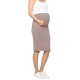 My Bump Maternity Skirt for Women - Comfort Stretch High Waisted Tummy Control Cotton Blend Midi Pencil Skirt Made in USA Pink Navy Large