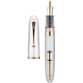 Jinhao 9019 Pluma estilográfica Serie Dadao Acrílica transparente con borde dorado 8 Pluma fina con gran conversor para escritura, firma y caligrafía