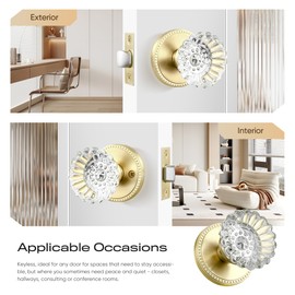 Leydebong 1 Pack Gold Door Knobs Interior Crystal Door Knob Brushed Gold Passage Door Knobs Glass Satin Brass Interior Door Knob with Victorian Plate Rosettes for Hall and Closet