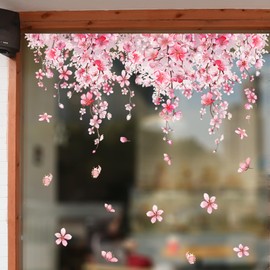 Tanlaby Pink Cherry Blossom Flower Window Stickers Spring Hanging Flowers Window Clings Reusable Double-Sided Static Anti-Collision Home Glass Window Doors Window Decoration