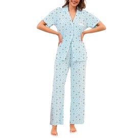 Bloggerlove 100% Cotton Pajamas for Women Set 2 Piece Short Sleeve Women's Sleepwear with Long Pant Button Down Lounge Sets