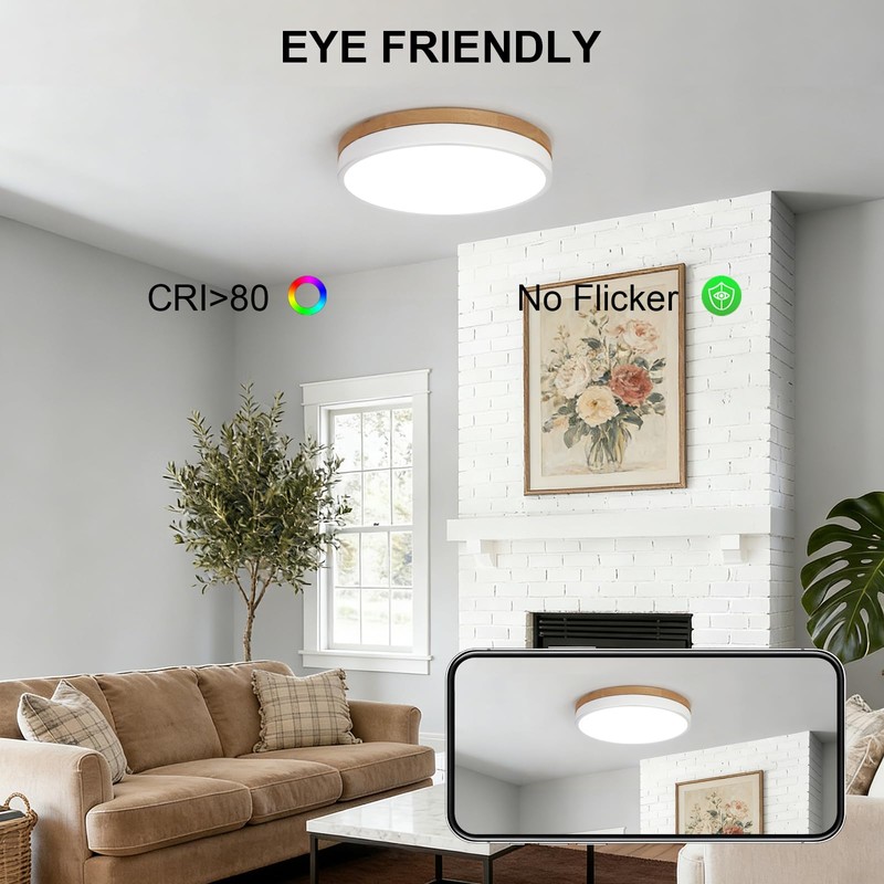 12inch Dimmable Wood led Ceiling Light,Wood Flush Mount Ceiling Light