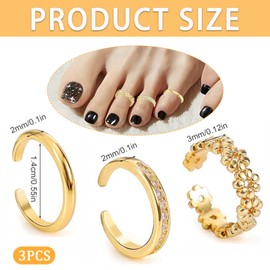 ZPLASK 3PCS Gold Toe Rings for Women, Adjustable Toe Ring Set with CZ Daisy Flower, Open Band Design, Non-Tarnish Toe Rings (14K Gold Filled), Gold Toe Ring for Summer Beach Foot Jewelry