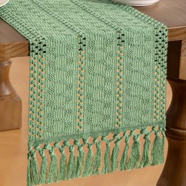 MLMW Boho Table Runner 48 inches Farmhouse Rustic Home Decor Sage Green Ivory Coffee Table Centerpiece Macrame Woven Dresser Runner for Spring Living Room Dining Room Bedroom
