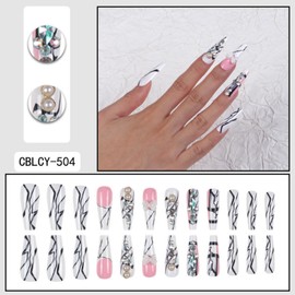 Long Press on Nails Coffin Fake Nails White False Nails French Artificial Nails with Rhinestones and Pearl Designs Glitter Handmade Nails Cute Stick on Nails for Women 24pcs