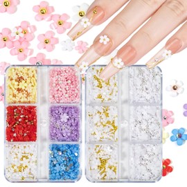 3D Flower Nail Charms for Nails Colorful Flowers Flatback Nail Rhinestones White Pink Purple Acrylic Flower with Gold Silver Caviar Beads Round Pearls Nail Art Supplies Manicure DIY Nail Decorations