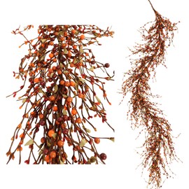 Quixem 60 Inch Fall Berry Garland (5 Ft), Rustic Sunset Orange Pip Berry Garland for Mantel, Thanksgiving & Harvest Holiday Home Decor Indoor Outdoor