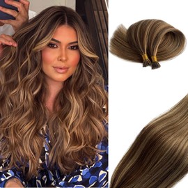 50 Strands/Pack I Tip Real Human Hair Extensions for Women,20" Medium Brown and Dark Blonde Highlights Hair Extensions Soft Straight Cold Fusion Hair Piece Pre Bonded Keratin Stick in Hair Extensions