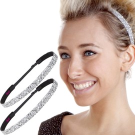 Hipsy 2pk Women's Adjustable NON SLIP Skinny Bling Glitter Headband Silver Duo Pack (Silver)
