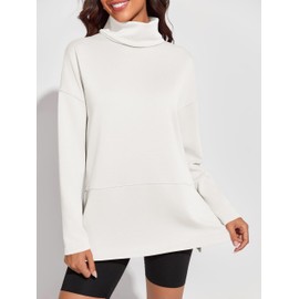 Fisoew Women's Turtleneck Oversized Sweatshirt Casual Long Sleeve Loose Side Slit Pullovers Tunic Tops White