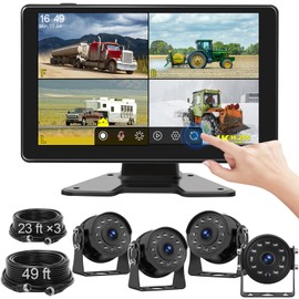 Fubedo 9'' Wired Backup Camera System, Full Touch IPS Quad Split Screen Monitor with 4 HD 1080P IP68 Waterproof Camera 64GB SD Card, Recording IR Night Vision Reverse Camera for Truck, Trailer, RV