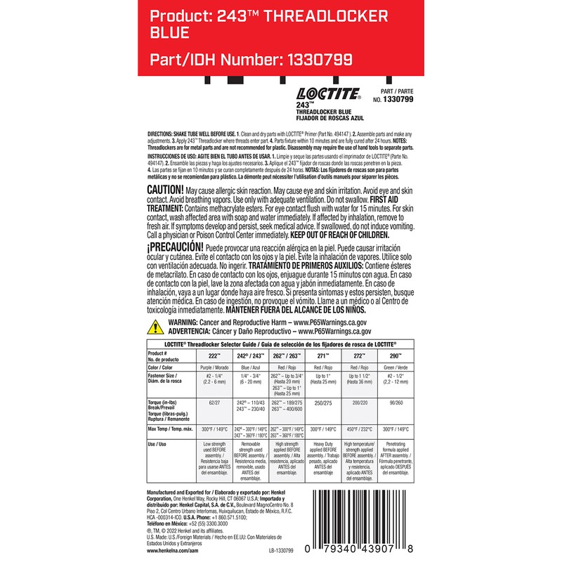 Loctite 1330799 243 Blue Oil Resistant Threadlocker Tube - 6