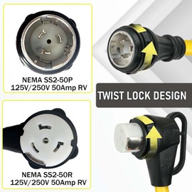 Piokrtye 50 Amp 90 Degree RV Plug, NEMA SS2-50P to SS2-50R RV Adapter, Heavy Duty Extension Cord with 1.5Ft Power Locking Male and 90 Degree Locking Female Ends