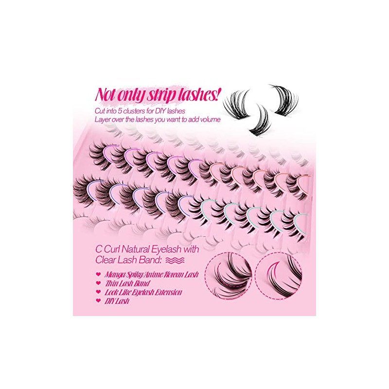 Manga Lashes Natural Look Anime False Eyelashes 20 Pairs Clear